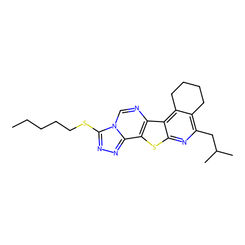 11-(2-methylpropyl)-3-(pentylsulfanyl)-7,8,9,10-tetrahydro[1,2,4]triazolo[4'',3'':1',6']pyrimido[4',5':4,5]thieno[2,3-c]isoquinoline structure