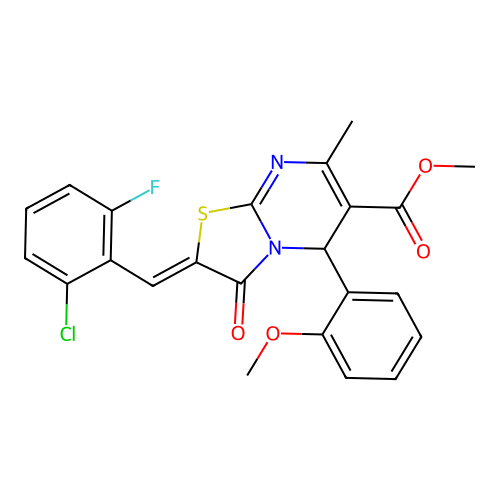 methyl (2Z)-2-(2-chloro-6-fluorobenzylidene)-5-(2-methoxyphenyl)-7-methyl-3-oxo-2,3-dihydro-5H-[1,3]thiazolo[3,2-a]pyrimidine-6-carboxylate structure