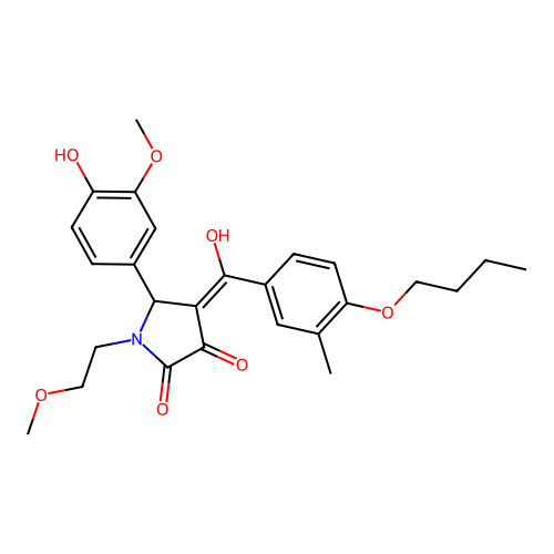 (4E)-4-[(4-butoxy-3-methylphenyl)(hydroxy)methylidene]-5-(4-hydroxy-3-methoxyphenyl)-1-(2-methoxyethyl)pyrrolidine-2,3-dione structure