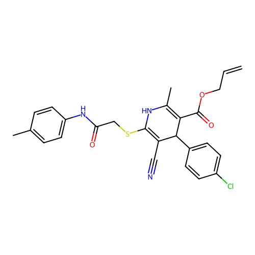 allyl 4-(4-chlorophenyl)-5-cyano-2-methyl-6-((2-oxo-2-(p-tolylamino)ethyl)thio)-1,4-dihydropyridine-3-carboxylate structure