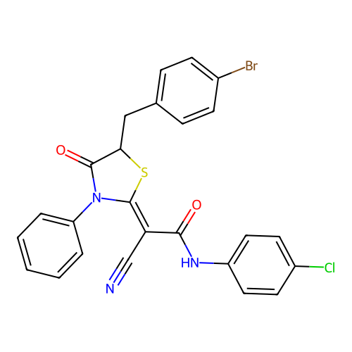 (2Z)-2-[5-(4-bromobenzyl)-4-oxo-3-phenyl-1,3-thiazolidin-2-ylidene]-N-(4-chlorophenyl)-2-cyanoethanamide structure