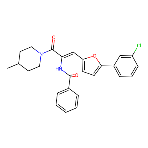 N-[(1Z)-1-[5-(3-chlorophenyl)furan-2-yl]-3-(4-methylpiperidin-1-yl)-3-oxoprop-1-en-2-yl]benzamide structure