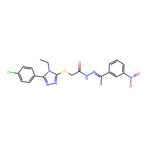 (E)-2-((5-(4-chlorophenyl)-4-ethyl-4H-1,2,4-triazol-3-yl)thio)-N'-(1-(3-nitrophenyl)ethylidene)acetohydrazide structure