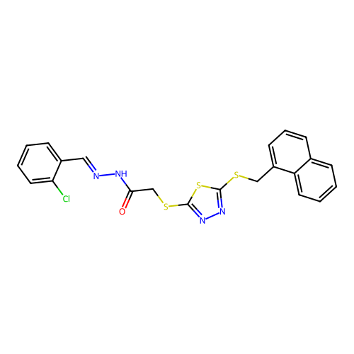 (E)-N'-(2-chlorobenzylidene)-2-((5-((naphthalen-1-ylmethyl)thio)-1,3,4-thiadiazol-2-yl)thio)acetohydrazide structure