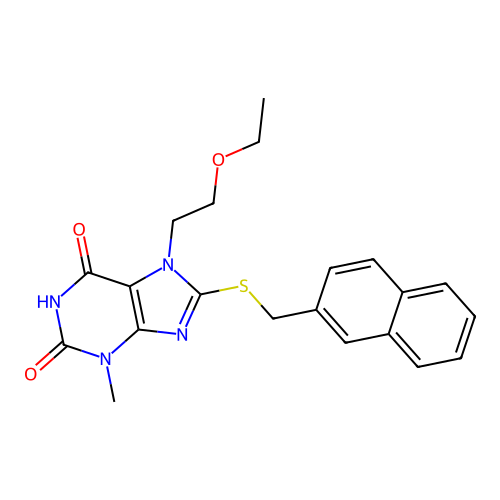 7-(2-ethoxyethyl)-3-methyl-8-((naphthalen-2-ylmethyl)thio)-1H-purine-2,6(3H,7H)-dione structure