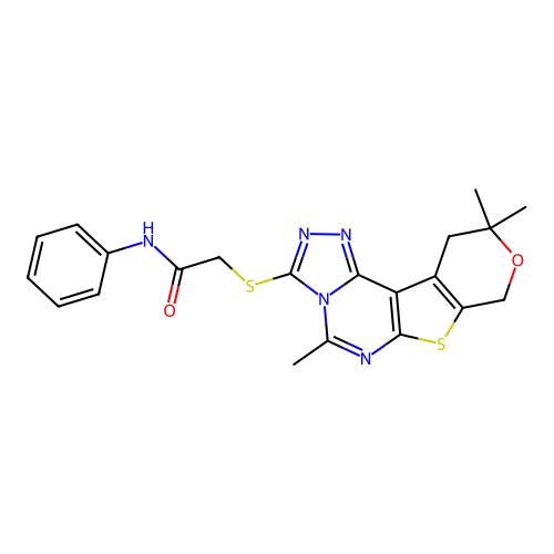 N-phenyl-2-((5,10,10-trimethyl-10,11-dihydro-8H-pyrano[4',3':4,5]thieno[3,2-e][1,2,4]triazolo[4,3-c]pyrimidin-3-yl)thio)acetamide structure