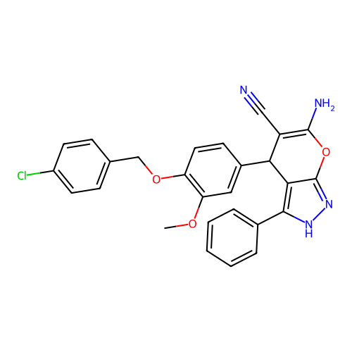 6-amino-4-{4-[(4-chlorobenzyl)oxy]-3-methoxyphenyl}-3-phenyl-1,4-dihydropyrano[2,3-c]pyrazole-5-carbonitrile structure