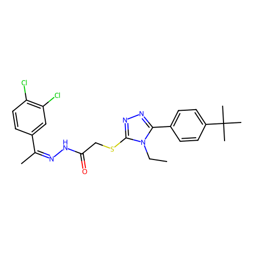 (Z)-2-((5-(4-(tert-butyl)phenyl)-4-ethyl-4H-1,2,4-triazol-3-yl)thio)-N'-(1-(3,4-dichlorophenyl)ethylidene)acetohydrazide structure