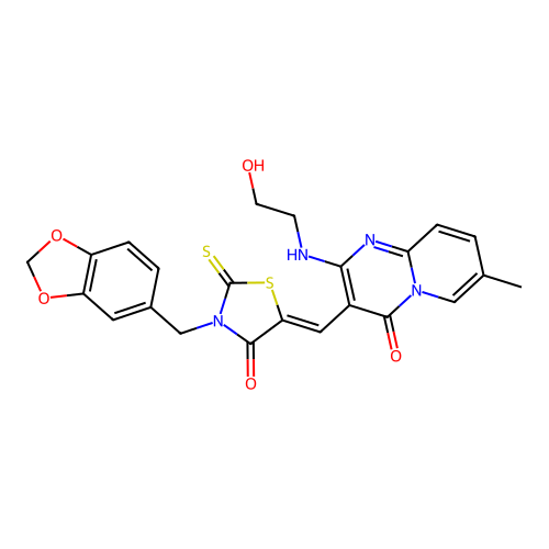 3-{(Z)-[3-(1,3-benzodioxol-5-ylmethyl)-4-oxo-2-thioxo-1,3-thiazolidin-5-ylidene]methyl}-2-[(2-hydroxyethyl)amino]-7-methyl-4H-pyrido[1,2-a]pyrimidin-4-one structure