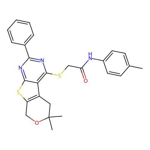 2-((6,6-dimethyl-2-phenyl-6,8-dihydro-5H-pyrano[4',3':4,5]thieno[2,3-d]pyrimidin-4-yl)thio)-N-(p-tolyl)acetamide structure