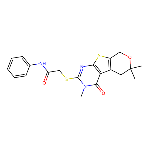 N-phenyl-2-((3,6,6-trimethyl-4-oxo-4,5,6,8-tetrahydro-3H-pyrano[4',3':4,5]thieno[2,3-d]pyrimidin-2-yl)thio)acetamide structure
