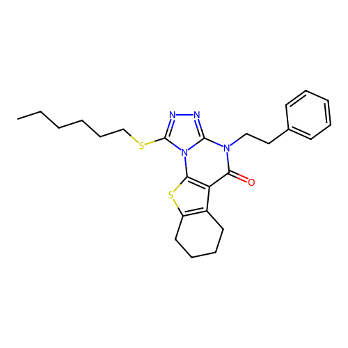 1-(hexylsulfanyl)-4-(2-phenylethyl)-6,7,8,9-tetrahydro[1]benzothieno[3,2-e][1,2,4]triazolo[4,3-a]pyrimidin-5(4H)-one structure