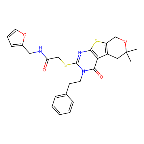 2-((6,6-dimethyl-4-oxo-3-phenethyl-4,5,6,8-tetrahydro-3H-pyrano[4',3':4,5]thieno[2,3-d]pyrimidin-2-yl)thio)-N-(furan-2-ylmethyl)acetamide structure