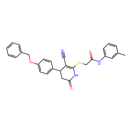 2-({4-[4-(benzyloxy)phenyl]-3-cyano-6-oxo-1,4,5,6-tetrahydropyridin-2-yl}sulfanyl)-N-(3-methylphenyl)acetamide structure