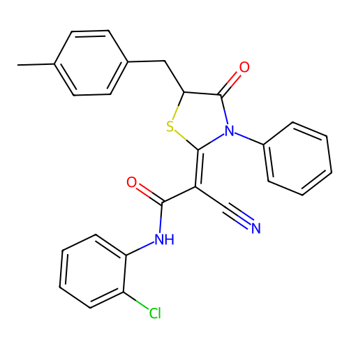 (Z)-N-(2-chlorophenyl)-2-cyano-2-(5-(4-methylbenzyl)-4-oxo-3-phenylthiazolidin-2-ylidene)acetamide structure