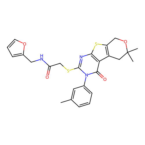 2-((6,6-dimethyl-4-oxo-3-(m-tolyl)-4,5,6,8-tetrahydro-3H-pyrano[4',3':4,5]thieno[2,3-d]pyrimidin-2-yl)thio)-N-(furan-2-ylmethyl)acetamide structure