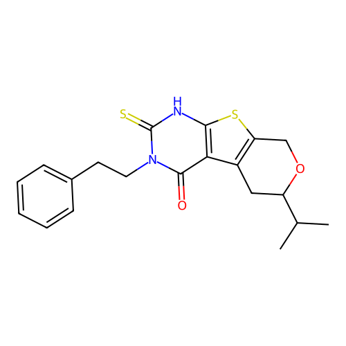 6-isopropyl-2-mercapto-3-phenethyl-5,6-dihydro-3H-pyrano[4',3':4,5]thieno[2,3-d]pyrimidin-4(8H)-one structure