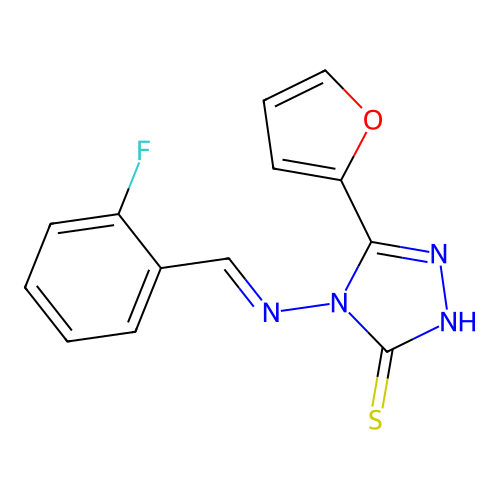 4-[(E)-(2-fluorophenyl)methylideneamino]-3-(furan-2-yl)-1H-1,2,4-triazole-5-thione structure