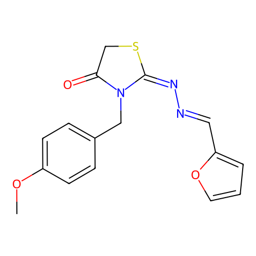 (E)-2-((E)-(furan-2-ylmethylene)hydrazono)-3-(4-methoxybenzyl)thiazolidin-4-one structure
