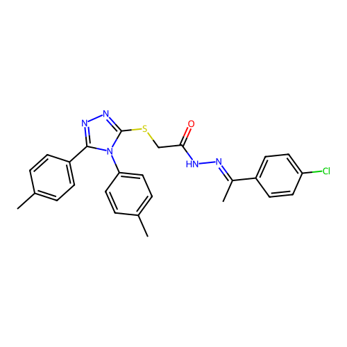 (E)-N'-(1-(4-chlorophenyl)ethylidene)-2-((4,5-di-p-tolyl-4H-1,2,4-triazol-3-yl)thio)acetohydrazide structure