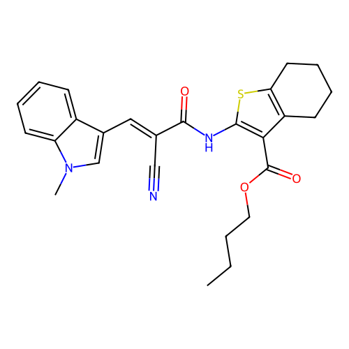 (E)-butyl 2-(2-cyano-3-(1-methyl-1H-indol-3-yl)acrylamido)-4,5,6,7-tetrahydrobenzo[b]thiophene-3-carboxylate structure
