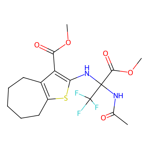 methyl 2-{[2-(acetylamino)-1,1,1-trifluoro-3-methoxy-3-oxopropan-2-yl]amino}-5,6,7,8-tetrahydro-4H-cyclohepta[b]thiophene-3-carboxylate structure