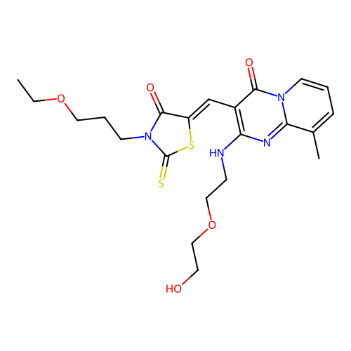 3-{(Z)-[3-(3-ethoxypropyl)-4-oxo-2-thioxo-1,3-thiazolidin-5-ylidene]methyl}-2-{[2-(2-hydroxyethoxy)ethyl]amino}-9-methyl-4H-pyrido[1,2-a]pyrimidin-4-one structure