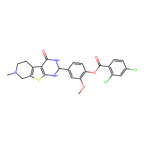 2-methoxy-4-(7-methyl-4-oxo-1,2,3,4,5,6,7,8-octahydropyrido[4',3':4,5]thieno[2,3-d]pyrimidin-2-yl)phenyl 2,4-dichlorobenzoate structure