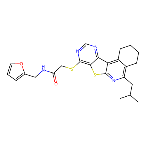 N-(furan-2-ylmethyl)-2-((5-isobutyl-1,2,3,4-tetrahydropyrimido[4',5':4,5]thieno[2,3-c]isoquinolin-8-yl)thio)acetamide structure