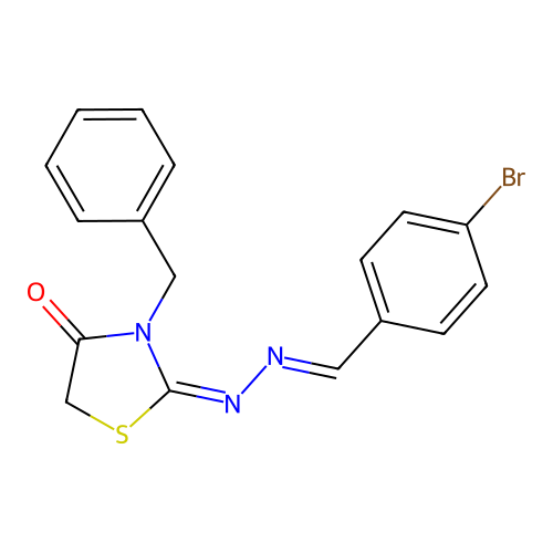 (E)-3-benzyl-2-((E)-(4-bromobenzylidene)hydrazono)thiazolidin-4-one structure