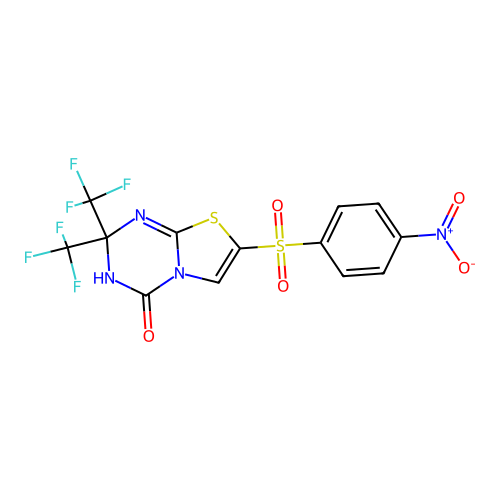 7-((4-nitrophenyl)sulfonyl)-2,2-bis(trifluoromethyl)-2H-thiazolo[3,2-a][1,3,5]triazin-4(3H)-one structure