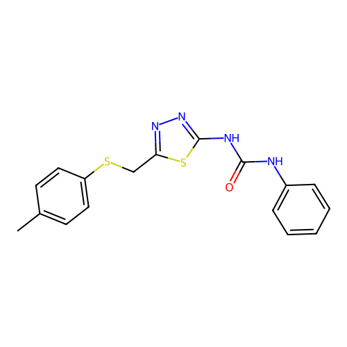 1-phenyl-3-(5-((p-tolylthio)methyl)-1,3,4-thiadiazol-2-yl)urea structure