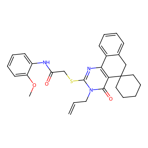 2-((3-allyl-4-oxo-4,6-dihydro-3H-spiro[benzo[h]quinazoline-5,1'-cyclohexan]-2-yl)thio)-N-(2-methoxyphenyl)acetamide structure