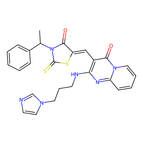2-{[3-(1H-imidazol-1-yl)propyl]amino}-3-{(Z)-[4-oxo-3-(1-phenylethyl)-2-thioxo-1,3-thiazolidin-5-ylidene]methyl}-4H-pyrido[1,2-a]pyrimidin-4-one structure