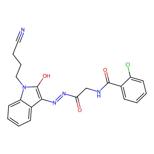 2-chloro-N-[[[1-(3-cyanopropyl)-2-oxo-indol-3-ylidene]amino]carbamoylmethyl]benzamide structure