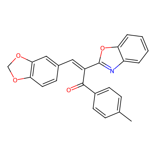 (2Z)-3-(1,3-benzodioxol-5-yl)-2-(1,3-benzoxazol-2-yl)-1-(4-methylphenyl)prop-2-en-1-one structure
