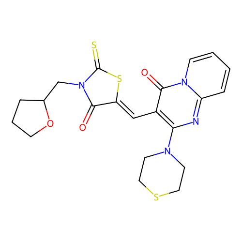 (Z)-5-((4-oxo-2-thiomorpholino-4H-pyrido[1,2-a]pyrimidin-3-yl)methylene)-3-((tetrahydrofuran-2-yl)methyl)-2-thioxothiazolidin-4-one structure