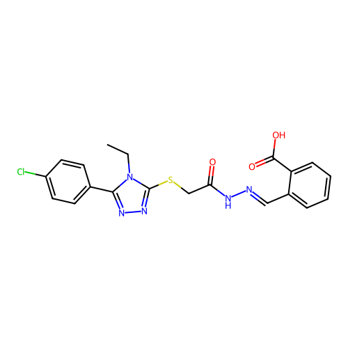 2-{(E)-[2-({[5-(4-chlorophenyl)-4-ethyl-4H-1,2,4-triazol-3-yl]sulfanyl}acetyl)hydrazinylidene]methyl}benzoic acid structure