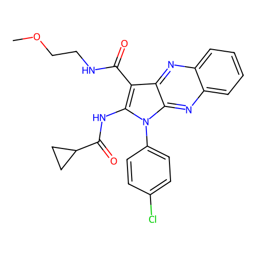 1-(4-chlorophenyl)-2-(cyclopropanecarbonylamino)-N-(2-methoxyethyl)pyrrolo[3,2-b]quinoxaline-3-carboxamide structure