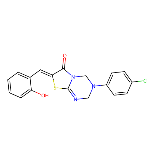 (Z)-3-(4-chlorophenyl)-7-(2-hydroxybenzylidene)-3,4-dihydro-2H-thiazolo[3,2-a][1,3,5]triazin-6(7H)-one structure