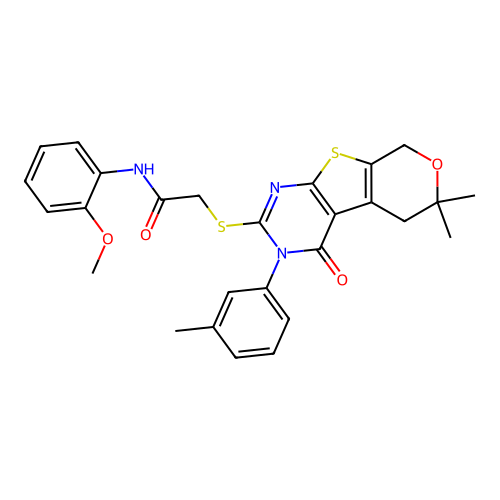 2-((6,6-dimethyl-4-oxo-3-(m-tolyl)-4,5,6,8-tetrahydro-3H-pyrano[4',3':4,5]thieno[2,3-d]pyrimidin-2-yl)thio)-N-(2-methoxyphenyl)acetamide structure
