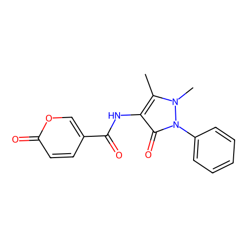 N-(1,5-dimethyl-3-oxo-2-phenyl-2,3-dihydro-1H-pyrazol-4-yl)-2-oxo-2H-pyran-5-carboxamide structure