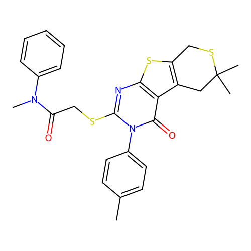 2-((6,6-dimethyl-4-oxo-3-(p-tolyl)-4,5,6,8-tetrahydro-3H-thiopyrano[4',3':4,5]thieno[2,3-d]pyrimidin-2-yl)thio)-N-methyl-N-phenylacetamide structure