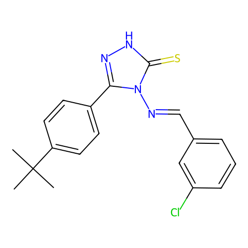 (E)-5-(4-(tert-butyl)phenyl)-4-((3-chlorobenzylidene)amino)-4H-1,2,4-triazole-3-thiol structure
