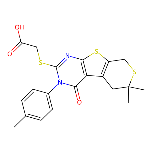 (6,6-Dimethyl-4-oxo-3-p-tolyl-3,5,6,8-tetrahydro-4H-thiopyrano[4',3':4,5]thieno[2,3-d]pyrimidin-2-ylsulfan yl)-acetic acid structure