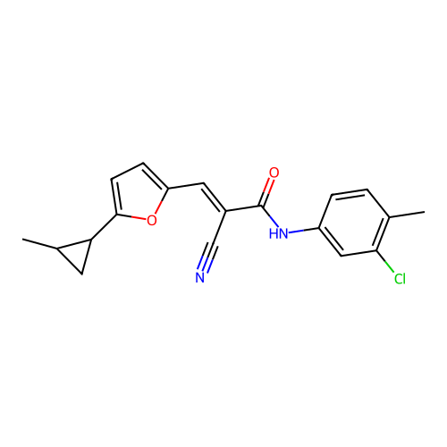 (E)-N-(3-chloro-4-methylphenyl)-2-cyano-3-(5-(2-methylcyclopropyl)furan-2-yl)acrylamide structure