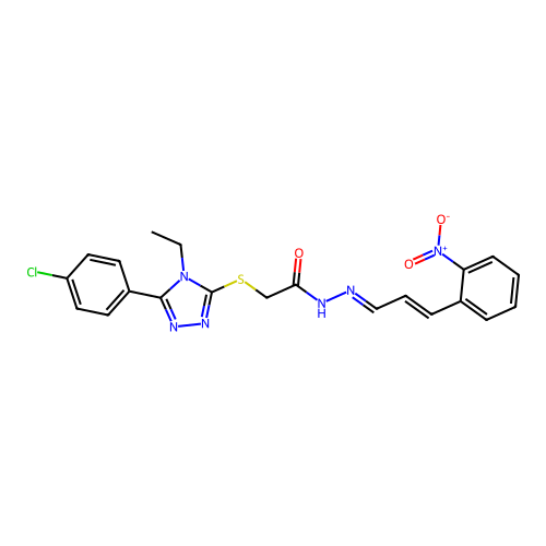 (E)-2-((5-(4-chlorophenyl)-4-ethyl-4H-1,2,4-triazol-3-yl)thio)-N'-((E)-3-(2-nitrophenyl)allylidene)acetohydrazide structure