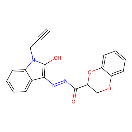 N-[(2-oxo-1-prop-2-ynylindol-3-ylidene)amino]-2,3-dihydro-1,4-benzodioxine-3-carboxamide structure