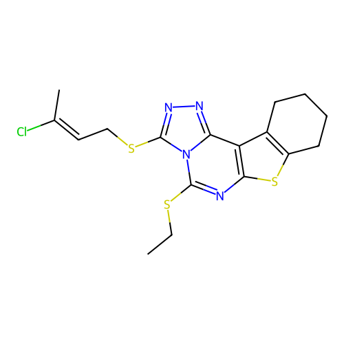 (E)-3-((3-chlorobut-2-en-1-yl)thio)-5-(ethylthio)-8,9,10,11-tetrahydrobenzo[4,5]thieno[3,2-e][1,2,4]triazolo[4,3-c]pyrimidine structure