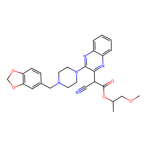 1-methoxypropan-2-yl {3-[4-(1,3-benzodioxol-5-ylmethyl)piperazin-1-yl]quinoxalin-2-yl}(cyano)acetate structure